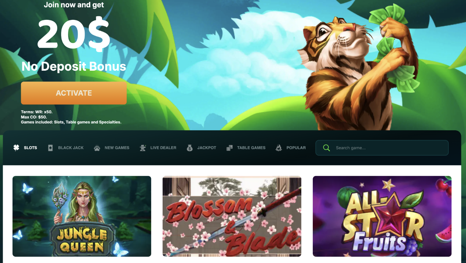 Lucky Tiger – $20 No Deposit Bonus