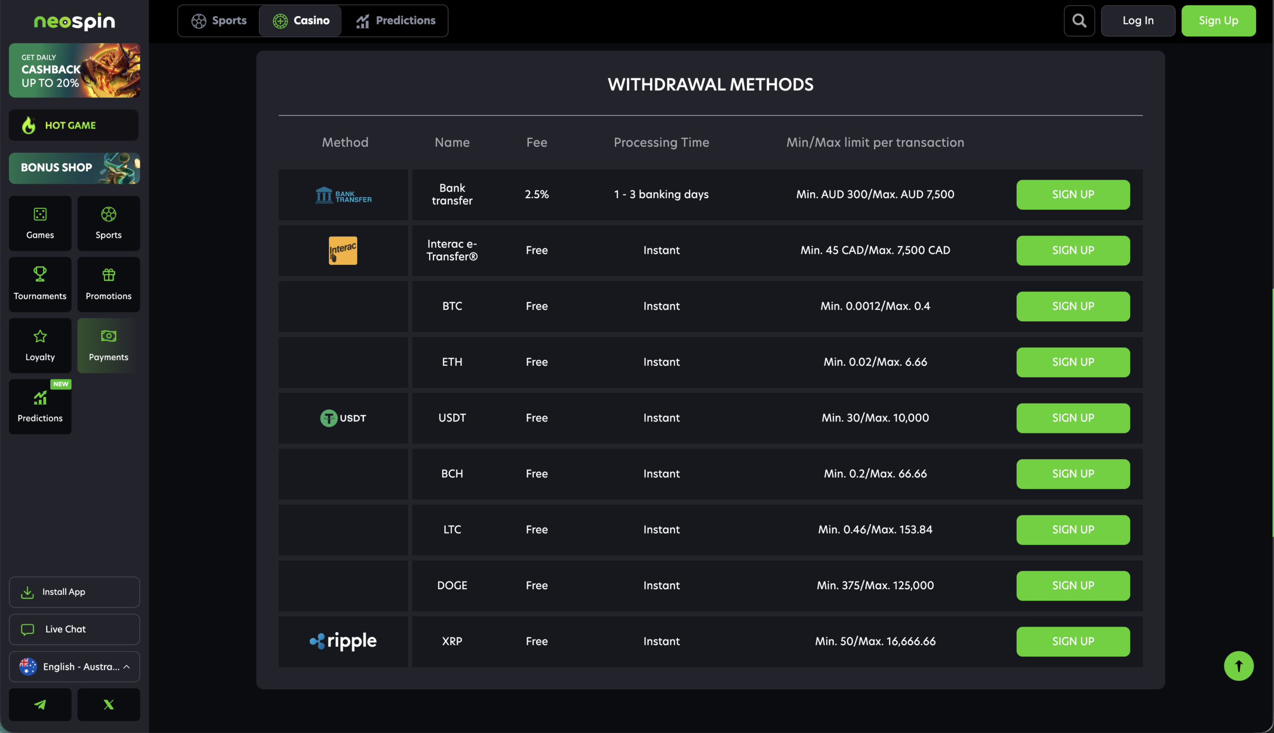 NeoSpin: Instant Crypto Withdrawals