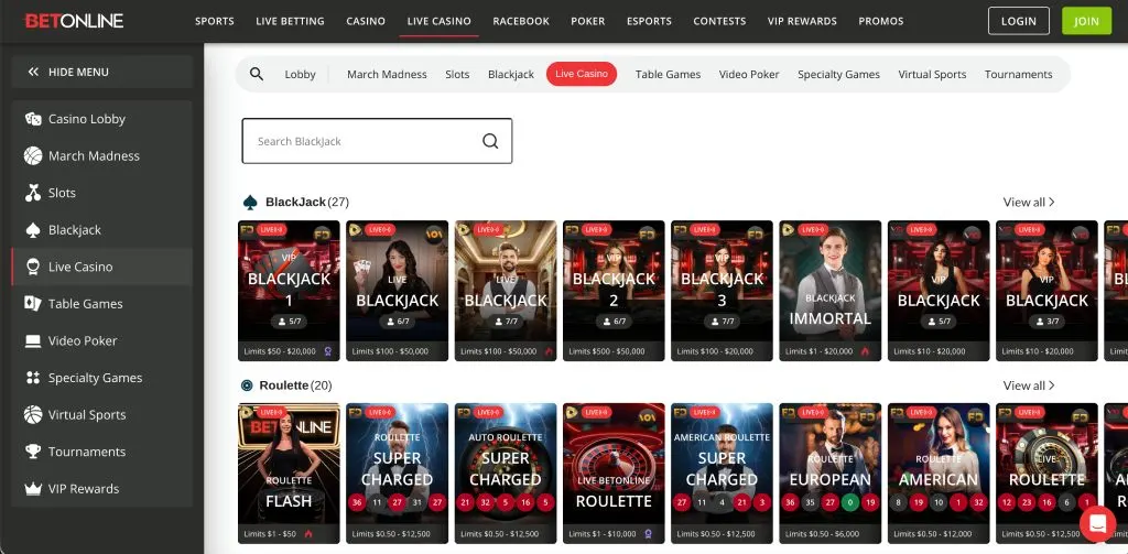 BetOnline live casino lobby with blackjack, roulette and baccarat tables