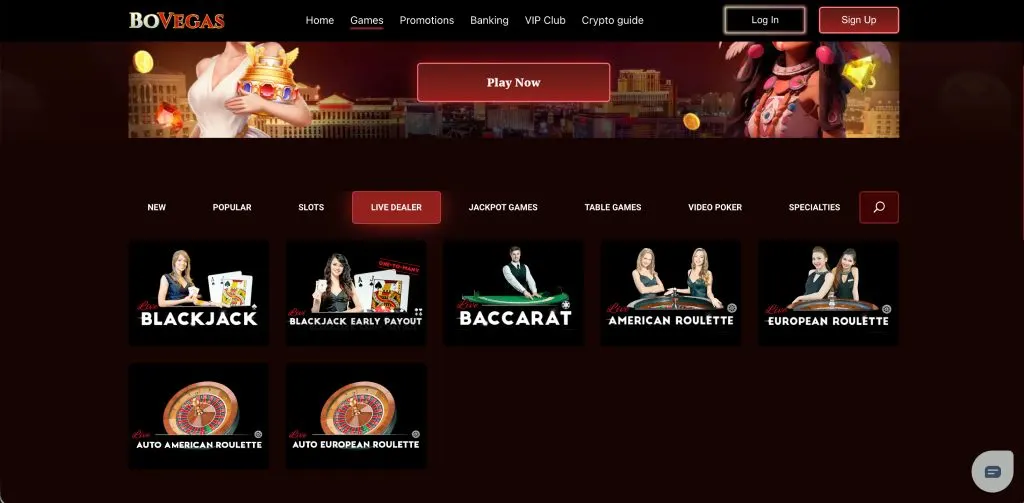 BoVegas live dealer games section
