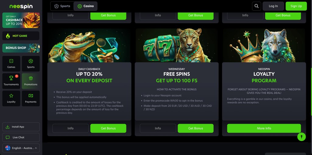 neospin casino cashback bonus