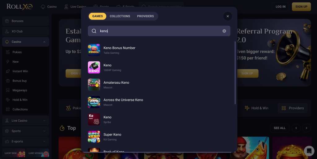 rollxo casino keno