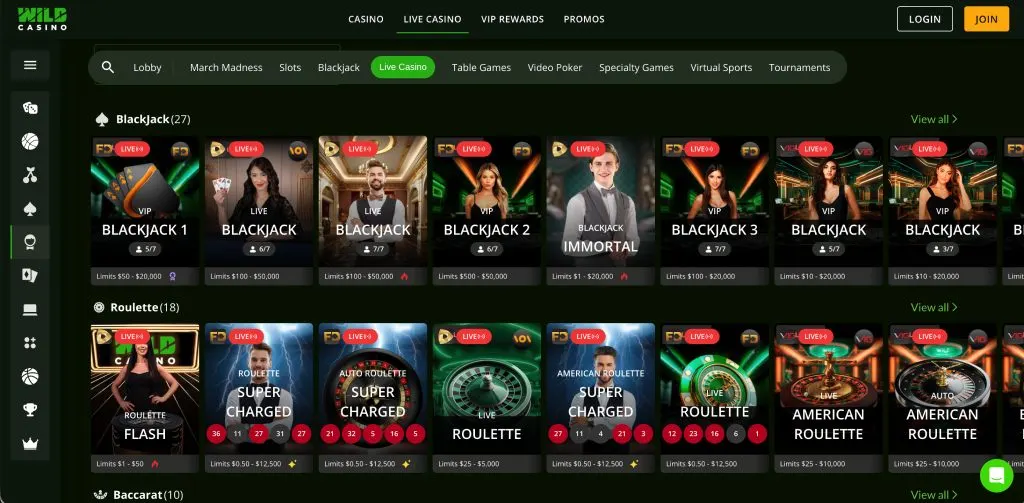 Wild Casino live dealer blackjack and roulette tables