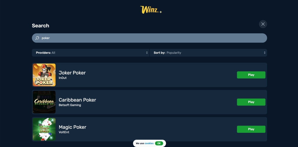 winz.io casino poker